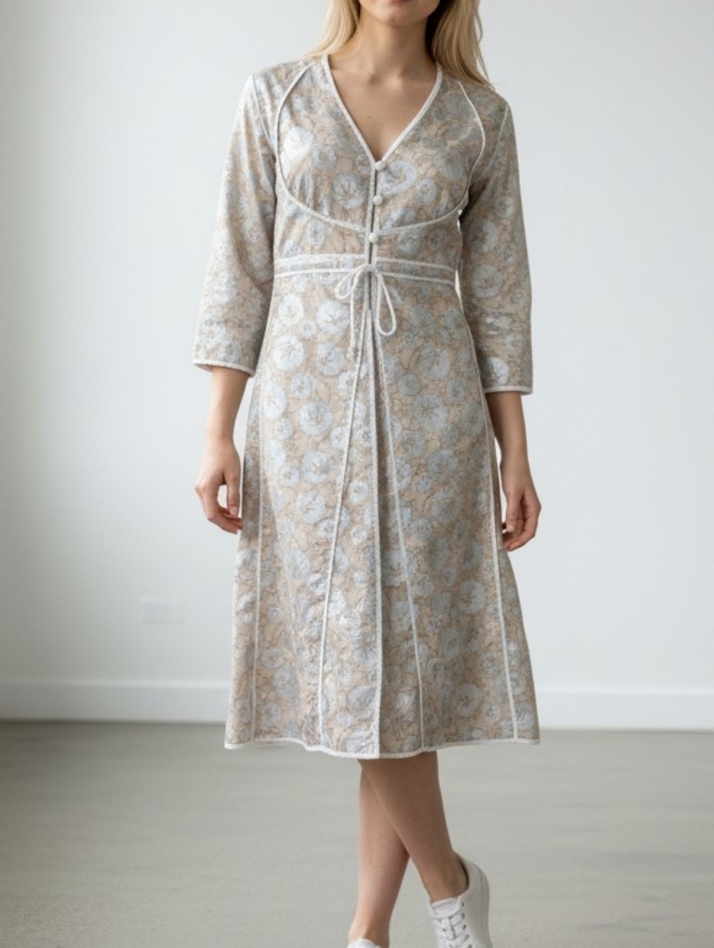 Ratan Floral Lace-Trim Beige & Light Blue Robe Dress - Picture 2 of 12